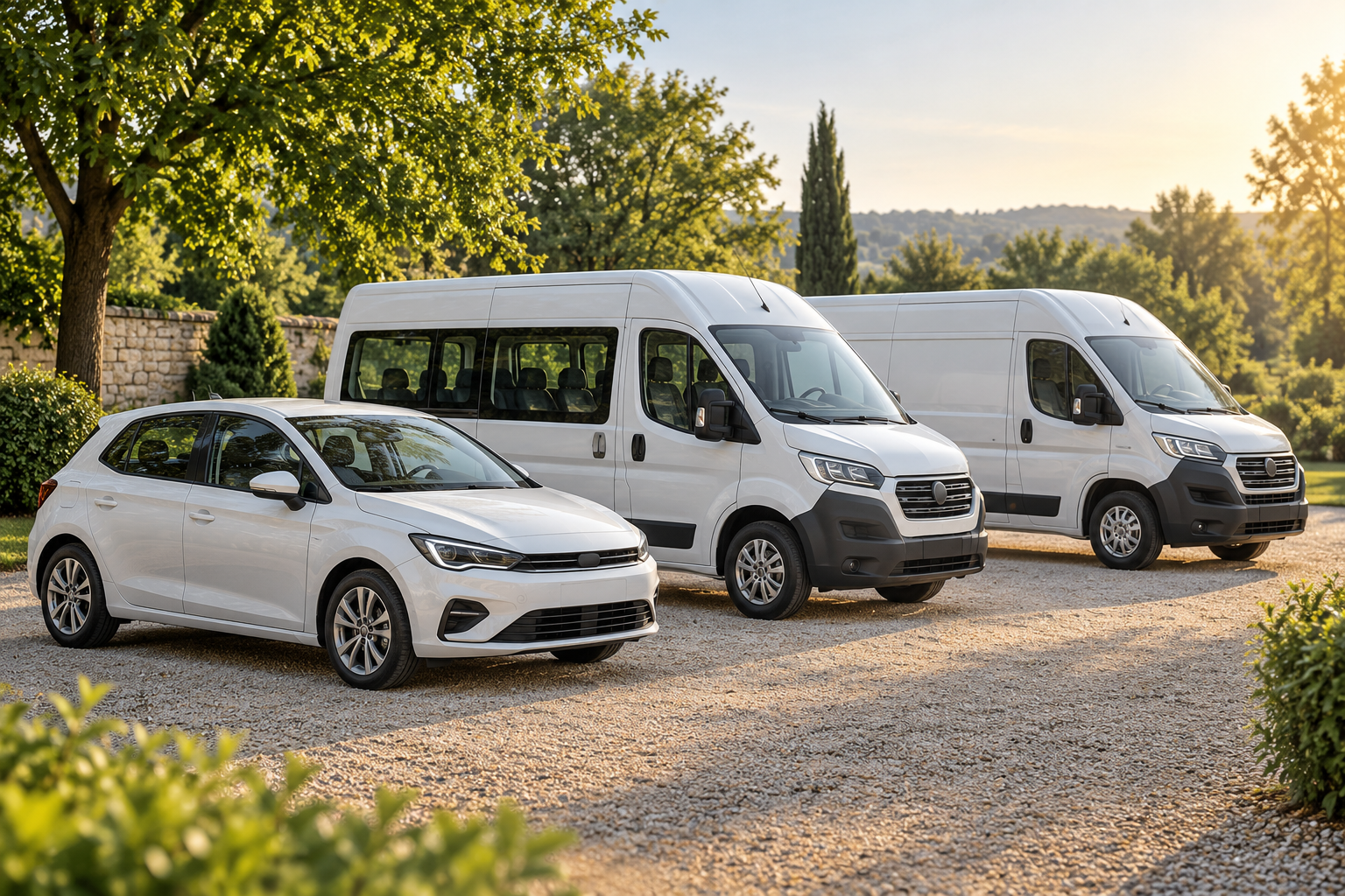 Symbolische Darstellung eines weißen Kleinwagens, Kleinbusses und Transporters